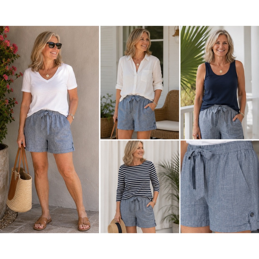 Yarn & Sea Linen Blend Chambray Shorts L Coastal Grandmother Resort Utility